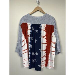 John Mark Top Womens XL Blue Linen American Flag Blouse Tunic Artsy Art USA